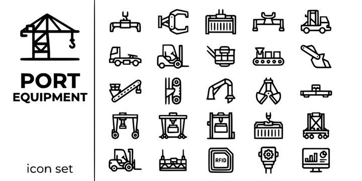 Port Equipment Machinery Bold Line Icons-Quay Crane Reach Stacker RTG RMG ASC Straddle Carrier Ship Loader Grab Crane-25 Port Equipment Icon Set Vector