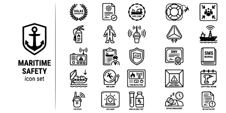 Maritime Safety Compliance Bold Line Icons-SOLAS ISM ISPS EPIRB GMDSS PSC AIS Immersion Suit Lifeboat MOB VSAS-25 Maritime Safety Icon Set Vector