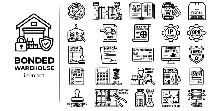 Bonded Customs Warehouse Bold Line Icons-Duty Suspension Excise AEO IPR OPR HMRC Devanning Re-Export Fiscal Mark CDS-25 Bonded Warehouse Icon Set Vector