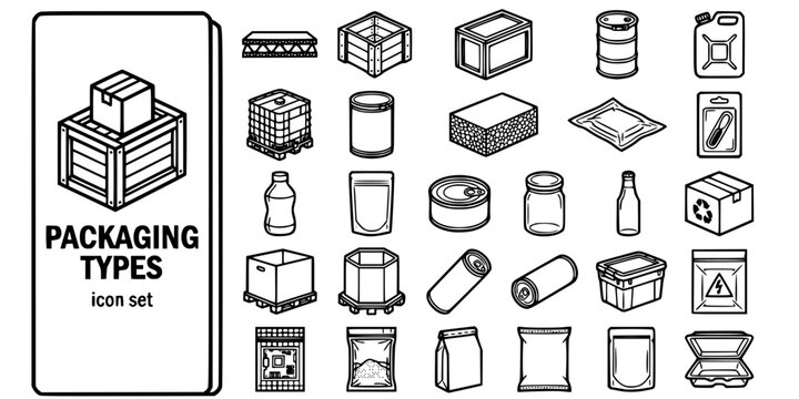 Packaging Types Materials Bold Line Icons-Corrugated Drum IBC Jerrycan Vacuum Blister Shrink Sleeve Kraft Retort Clamshell-25 Packaging Types Icon Set Vector