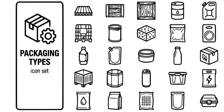 Packaging Types Materials Bold Line Icons-Corrugated Drum IBC Jerrycan Vacuum Blister Shrink Sleeve Kraft Retort Clamshell-25 Packaging Types Icon Set Vector