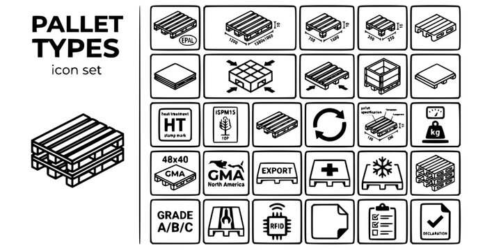 Pallet Types Specifications Bold Line Icons-EPAL EUR GMA Block Stringer Plastic Presswood ISPM15 Pooling Collar Hygienic-25 Pallet Types Icon Set Vector