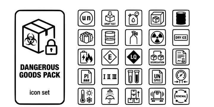 Dangerous Goods Packaging Compliance Bold Line Icons-UN Certified Leakproof Radiological Lithium Battery EQ LQ Salvage Drum Packing Group-25 DG Packaging Icon Set Vector