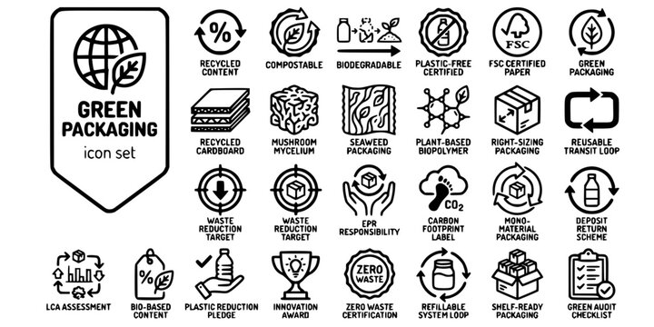 Sustainable Green Packaging Bold Line Icons-Compostable Biodegradable FSC Mycelium Seaweed EPR Circular Mono-Material DRS LCA-25 Green Packaging Icon Set Vector