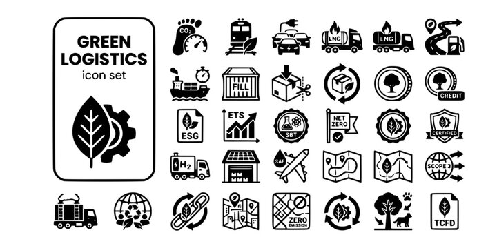 Green Logistics Sustainability Bold Line Icons-EV Fleet SAF Hydrogen Slow Steaming Modal Shift Net Zero SBT ETS Scope 3 Carbon-25 Green Logistics Icon Set Vector