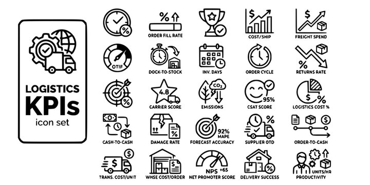 Logistics KPIs Performance Metrics Bold Line Icons-OTD OTIF Fill Rate Perfect Order CSAT Cash-to-Cash Forecast Accuracy NPS Carbon-25 Logistics KPIs Icon Set Vector