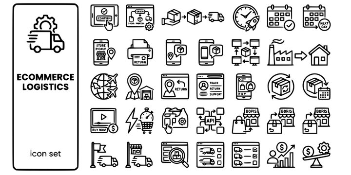 E-Commerce Logistics Omnichannel Bold Line Icons-OMS Same-Day Click-Collect Dropship Marketplace BOPIS BORIS Q-Commerce Social-25 Ecommerce Logistics Icon Set Vector