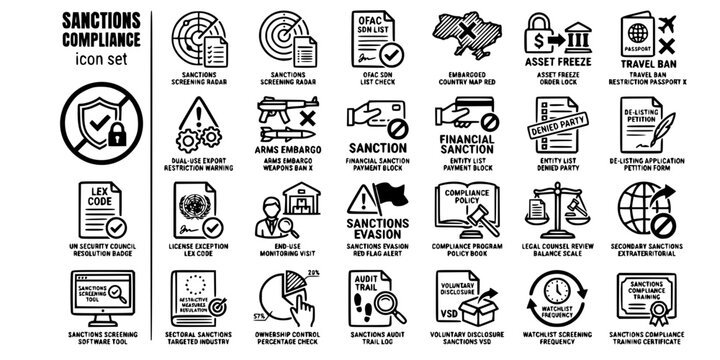 Sanctions Trade Restrictions Compliance Bold Line Icons-OFAC SDN Embargo Asset Freeze Dual-Use Arms UN EU Sectoral Secondary Screening-25 Sanctions Compliance Icon Set Vector