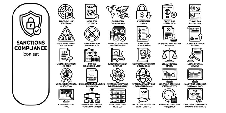 Sanctions Trade Restrictions Compliance Bold Line Icons-OFAC SDN Embargo Asset Freeze Dual-Use Arms UN EU Sectoral Secondary Screening-25 Sanctions Compliance Icon Set Vector