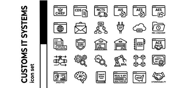 Customs IT Systems Data Bold Line Icons-CHIEF CDS NCTS ACE AIS AES EORI EIDR Single Window EDI EDIFACT API Blockchain RPA AI-25 Customs IT Icon Set Vector