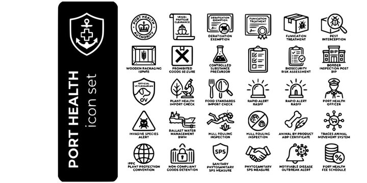 Port Health Biosecurity Bold Line Icons-Pratique ISPM15 BIP RASFF Fumigation Ballast Water BWM TRACES SPS Invasive Species ABP-25 Port Health Icon Set Vector