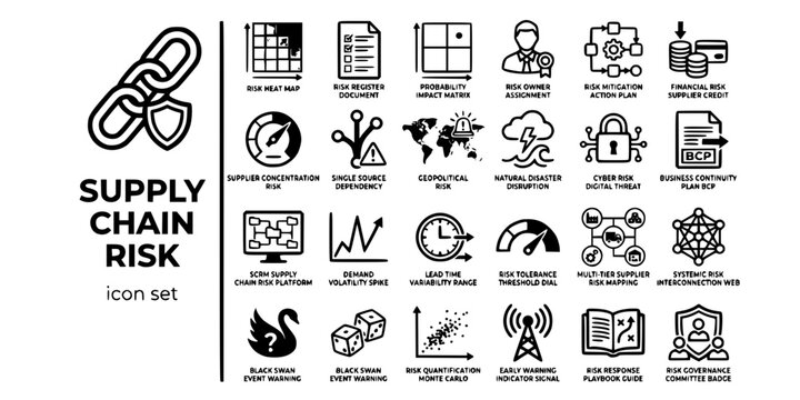 Supply Chain Risk Management Bold Line Icons-Risk Heatmap Register BCP Geopolitical Cyber SCRM Multi-Tier Black Swan Monte Carlo-25 Supply Chain Risk Icon Set Vector