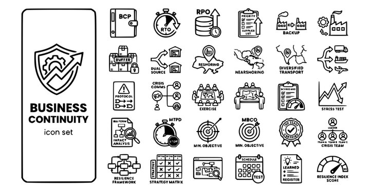 Business Continuity Resilience Planning Bold Line Icons-RTO RPO BCP BIA MTPD MBCO ISO22301 Dual Sourcing Reshoring Stress Test-25 Business Continuity Icon Set Vector