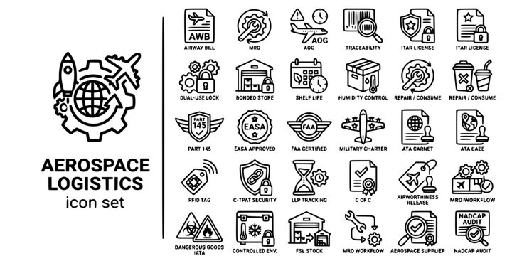 Aerospace Defense Logistics Bold Line Icons-MRO AOG ITAR EASA FAA ATA Carnet LLP NADCAP Part145 Serialization Airworthiness FSL-25 Aerospace Logistics Icon Set Vector