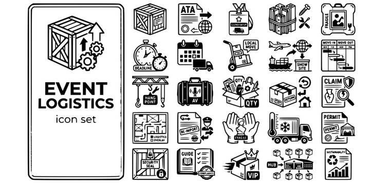 Event Exhibition Logistics Bold Line Icons-ATA Carnet Drayage Move-In Rigging Artwork Climate Controlled Customs Re-Import VIP Priority-25 Event Logistics Icon Set Vector