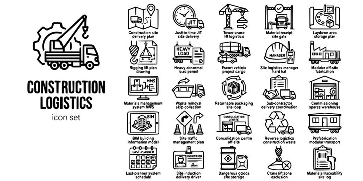 Construction Project Logistics Bold Line Icons-JIT Site Delivery Tower Crane Rigging MMS BIM Modular Prefab Laydown Consolidation Centre-25 Construction Logistics Icon Set Vector