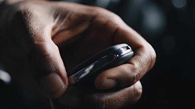 A close-up video of a hand holding a small electronic device in a dark environment