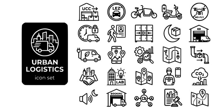 Urban Logistics City Distribution Bold Line Icons-UCC LEZ Cargo Bike Dark Store Micro-Hub Crowd-Source Underground Pipeline Congestion-25 Urban Logistics Icon Set Vector
