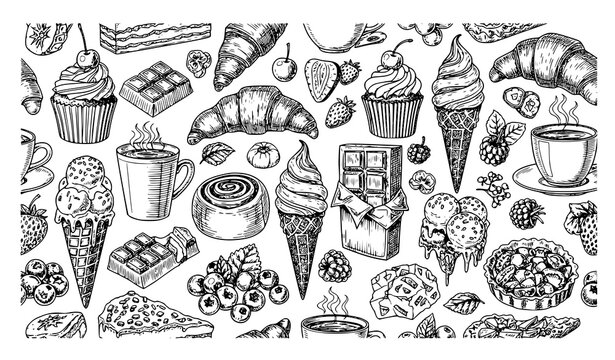 Black and White Seamless Dessert and Coffee Pattern Vector Illustration