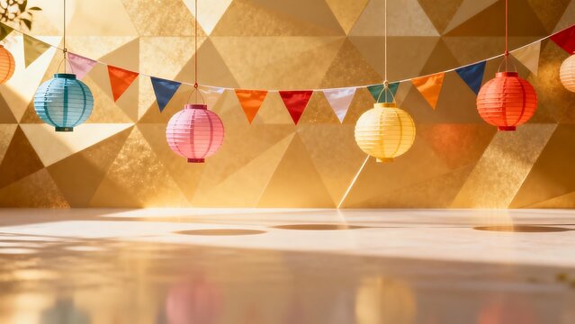 Colorful paper lanterns and flags on golden wall
