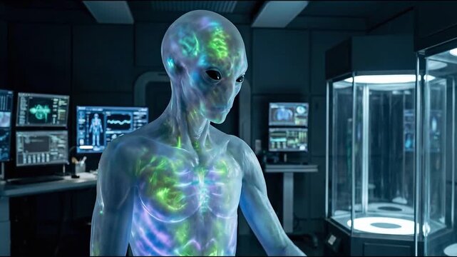 Sleeping boy surrounded by aliens in dim bedroom concept. Futuristic translucent alien examining glowing body in advanced sci fi laboratory with digital screens