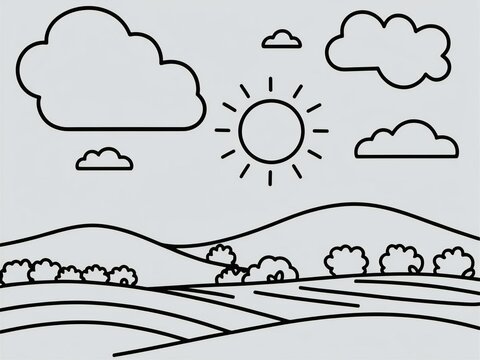 Simple outline drawing of a sunny landscape with rolling hills and clouds