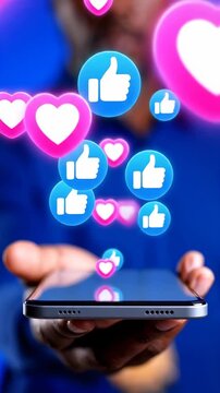 Engaging with Technology: A Person Offering a Smartphone Surrounded by Floating Love and Like Emojis, Symbolizing Digital Interaction and Connectivity