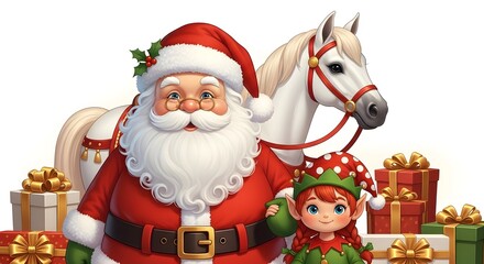 Santa claus and elf with white horse and christmas gifts