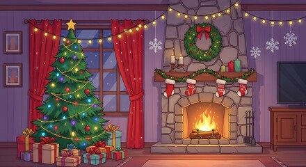 Cozy christmas living room with fireplace and decorated tree