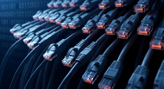 A row of ethernet cables with connectors lit up in a dark setting.