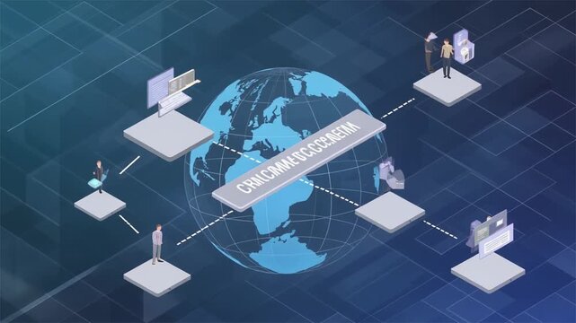 Global network connection concept with isometric people interacting with digital devices and data