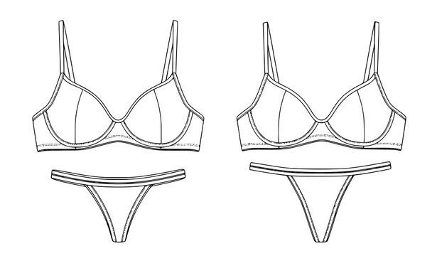 Women lingerie set vector illustration with bra and thong panties outline design for fashion apparel template, intimate clothing collection and underwear product design