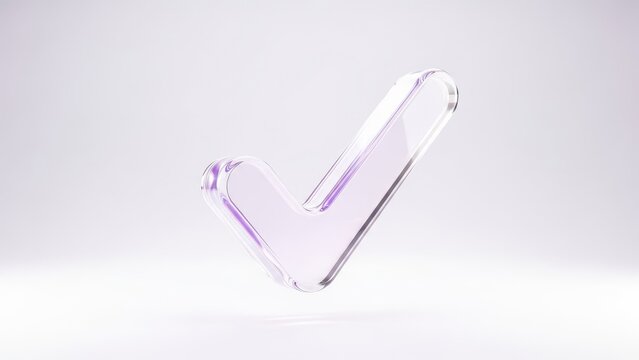 Minimalist transparent glass checkmark symbol with subtle purple glow on a light, soft background, signifying approval