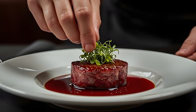 Professional chef's hand garnishing a gourmet meat dish with microgreens in a luxury restaurant kitchen.