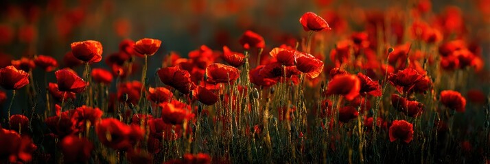 Panoramic view of a field of vibrant red poppies illuminated by warm sunset light flowers nature