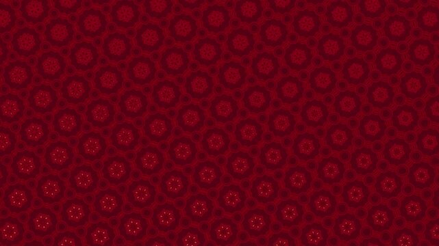Elegant deep red video pattern with symmetrical hexagons, stars and heart shapes, rhythmic pulsing, density shifts and subtle golden sparks creating refined motion, seamless loop.