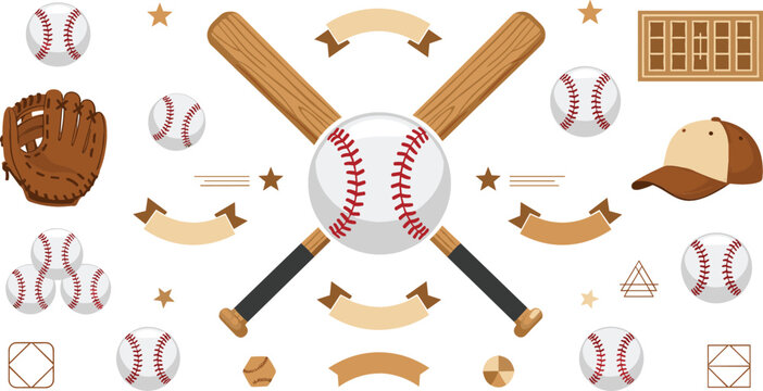 Baseball Sport Icon Set Featuring Crossed Bats, Ball, Glove, Cap, Scoreboard, and Game Symbols for Sports Team, Tournament, and Athletic Designs