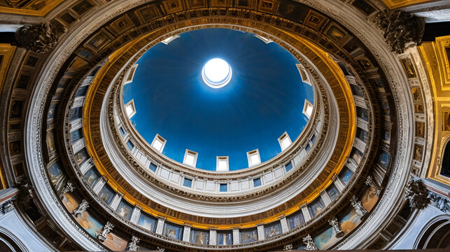 Italy - Rome - Sant Agnese in Agone - Soaring dome interior reveals celestial frescoes and arched windows above