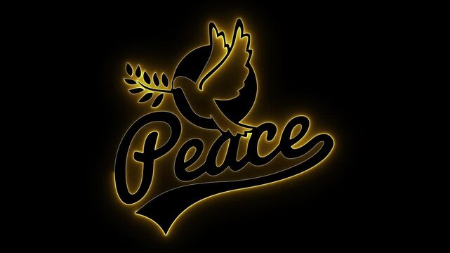 Glowing peace art. Golden dove sign. Neon cursive text. Olive branch glow. Spiritual freedom. Harmony symbol. Dark gold peace. Elegant bird logo. Hope typography. Radiant calm icon.
