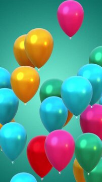 Happy birthday congratulation video with multi-colored balloons flying up and confetti falling down. Anniversary celebration animation