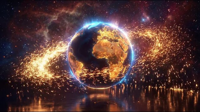 African girl holding illuminated Earth globe concept. Glowing digital Earth with fiery particles swirling around in cosmic space background