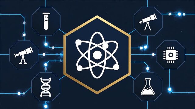 Futuristic science network connecting atom dna chip telescope test tube flask digital technology