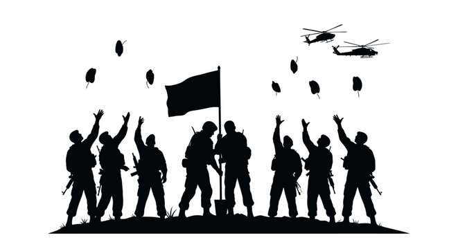 Silhouette Soldiers Raising Flag with Helicopters and Parachutes Overhead