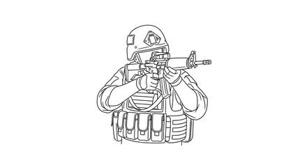 Soldier aiming assault rifle, tactical gear, combat helmet, military action, focused soldier