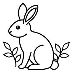 Obraz premium Cute rabbit sitting on grass with leaves vector illustration