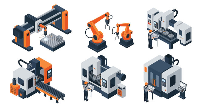Isometric illustration of various industrial robotic arms and manufacturing machines