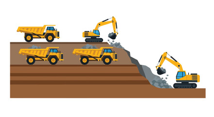 Construction site featuring yellow dump trucks and excavators at work © SERINA AKTHER