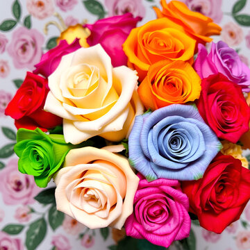 Vibrant bouquet of colorful roses against a soft floral background.