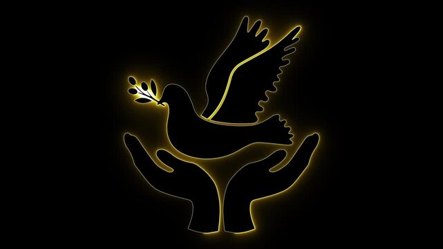 Glowing peace hands. Golden dove art. Olive branch glow. Spiritual care. Neon freedom sign. Hope illustration. Dark gold bird. Harmony concept. Radiant safe bond. Elegant peace icon.