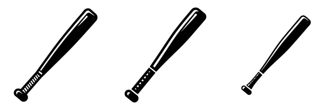 Set of black baseball bat icons in flat vector style isolated on white background for sports design